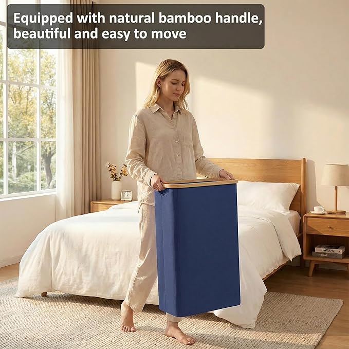 Slim Laundry Basket,60L Laundry Hamper with Lid, Tall Hamper for Laundry,Dirty Cloth Hamper with Bamboo Handle for Toys,Towels, Clothes Organizing, Navy Blue - Image 7