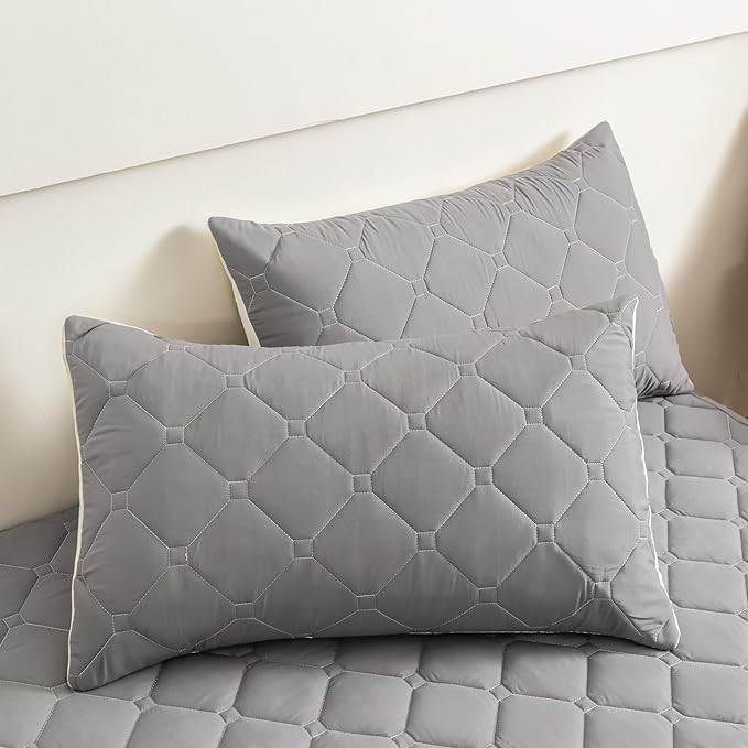 Twin Mattress Protector Waterproof, 18” Deep Pocket Fitted Mattress Topper+2pcs Pillow Cases - Leakproof, Oeko-TEX Certified, Breathable & Noiseless,Machine Washable (Light Grey)