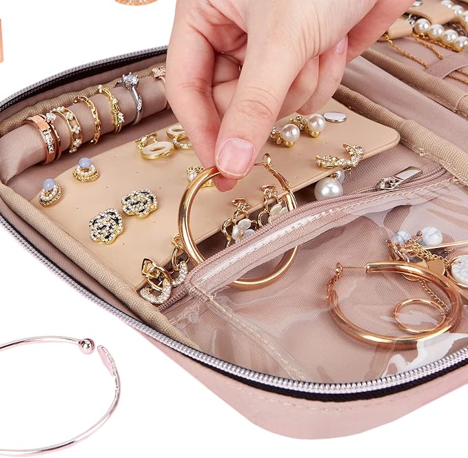 BELALIFE Travel Jewelry Organizer, Portable Storage Case for Earrings, Rings, Necklaces, Bracelets, Pink - Image 4