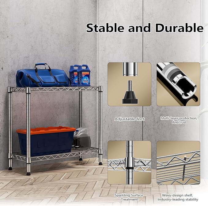MZG 220 lbs 2 Tier Storage Rack Metal Wire Shelving Unit, Storage Standing Household Shelf Organizer for Laundry Bathroom Kitchen Pantry Closet Garage Utility Room, Chrome 11.8" D x 27.6" W x 23.4" H - Image 6