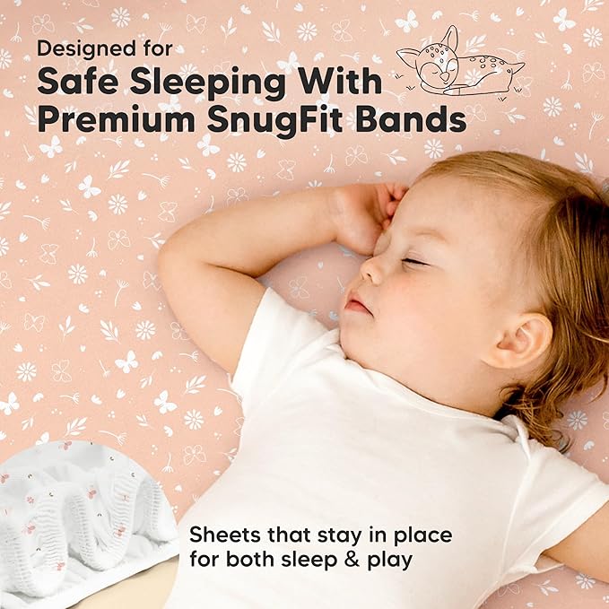 Pack and Play Sheets Fitted - 2-Pack Mini Crib Sheets for Pack N Play Mattress 38x26, Soft & Cozy, Neutral Toddler Playard Bedding, Snug Fitted Mini Baby Crib Mattress Cover Boy, Girl (Butterflies)