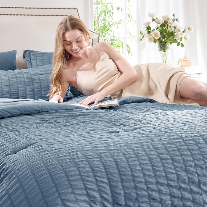 CozyLux Full Size Comforter Sets with Sheets 7 Pieces, Grayish Blue Seersucker Bed in a Bag Textured Luxury Soft Dusty Blue Bedding Sets with Down Alternative Comforter, Sheets, Pillowcases & Shams