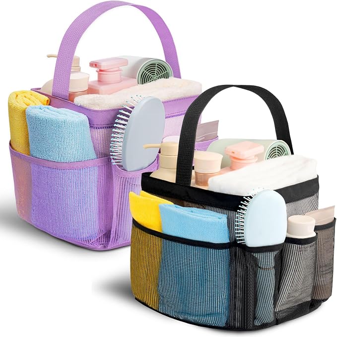 Mesh Shower Caddy for College Dorm Room Essentials for Girls with 9 Pockets,Large-Capacity Shower Basket,Quick Dry Toiletry Tote Bag,Outdoor Gym,Travel,Swim,Beach Camping Essentials-Black and Purple by Unknown