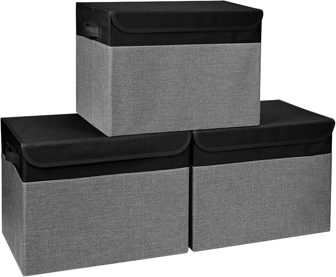Large 17" 42 Quarts Collapsible Stackable Storage Bins with Lids [3-Pack] Foldable Fabric Linen Storage Boxes Cube, Closet Organizer Baskets with Label for Home (16.7 x 12 x 12", Black & Gray) by Bagnizer