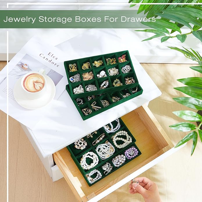 Junkin 12 Pcs Jewelry Tray Velvet Stackable Jewelry Organizer Trays Divided Earring Accessories Storage Containers Box (Rose Red) - Image 5