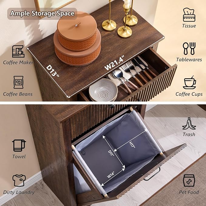 IFBUY Modern Tilt Out Laundry Hamper Cabinet, 10 Gallon Fluted Trash Can Cabinet with Drawer, Wooden Hidden Garbage Can Cabinets with Laundry Basket, Free Standing for Bathroom and Kitchen, Brown - Image 3