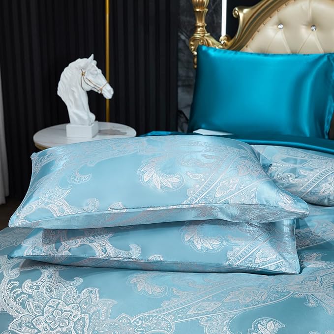 Green Comforter King Jacquard Bedding with Peacock Green Satin Sheet Set 8 Pcs Royal Embroidery Neoclassical Floral Home Decor Soft Luxury Hotel Bed in a Bag with 1 Cushion Cover