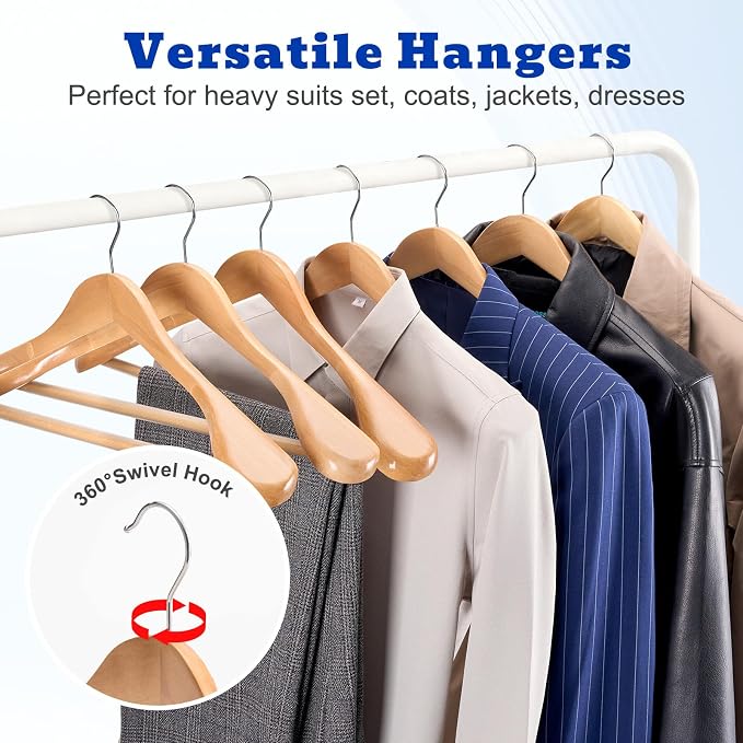 HOUSE DAY Wide Shoulder Wooden Hangers, Suit Hangers with Non Slip Pants Bar, Smooth Finish 360° Swivel Hook High-Grade Solid Wood Coat Hangers for Dress, Jacket, Heavy Clothes Hanger 6 Pack (Natural) - Image 6