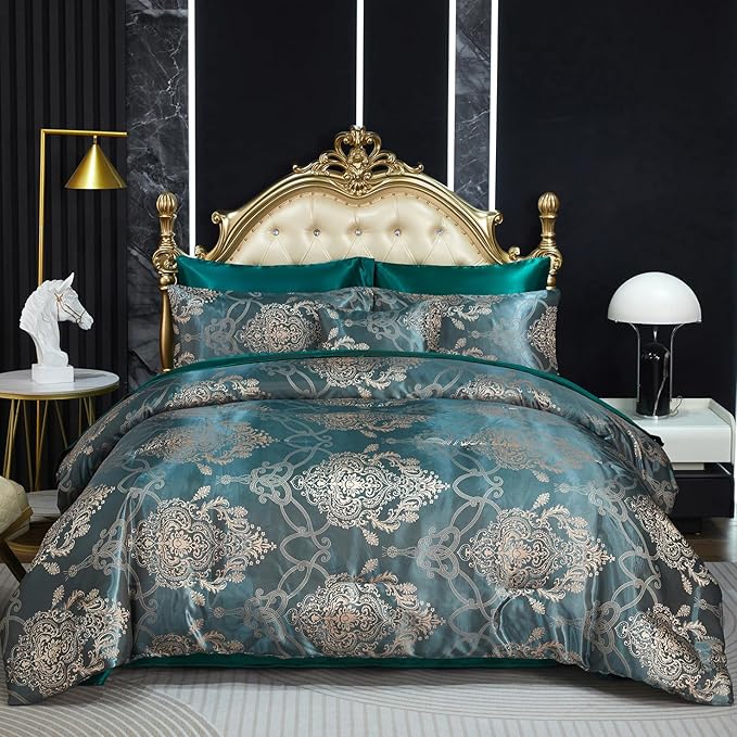 Green Jacquard King Comforter Set Sheet Set Elegant Bedding Set 8 Pcs Embroidery Neoclassical Floral Pattern Bed Home Decor Soft Down Comforter Luxury Hotel Silky Bed in a Bag with 1 Cushion Cover
