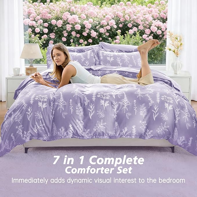 MUXHOMO Lavender Purple Bed in a Bag King 7 Pieces, King Comforter Set Reversible Botanical Flowers Design, Ultra Soft & Breathable Bedding Sets with Comforter, Sheets, Pillowcases & Shams