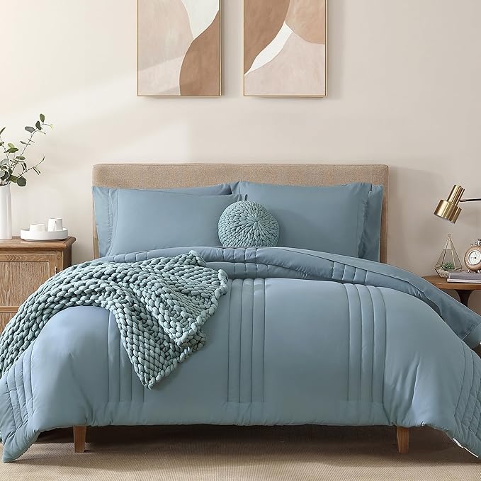 Monbix King Size Comforter Set - 7 Pieces Bed in a Bag King, Dusty Blue Bedding Sets with Comforter, All Seasons Comforter Bed Set with Sheets, Pillowcases & Shams