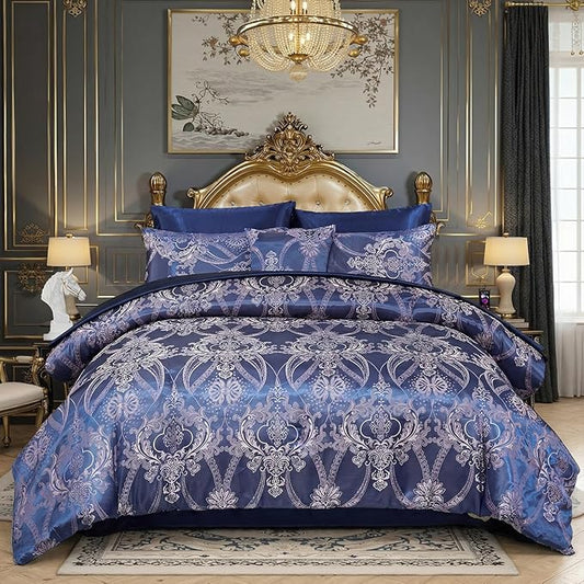 Jacquard King Comforter Set Blue Satin Sheet Set Elegant Bedding Set 8 Pcs Vintage Neoclassical Floral Bed Home Decor Soft Comforter Luxury Hotel Silky Bed in a Bag with 1 Cushion Cover
