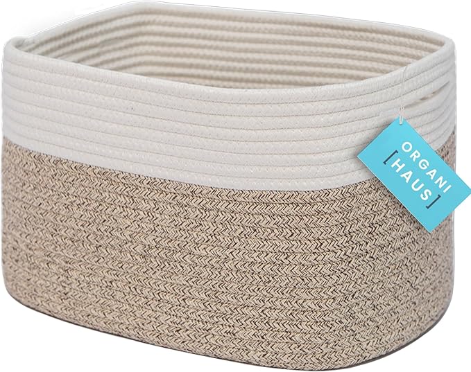 OrganiHaus Cotton Rope Basket for Shelf - Woven Storage Basket for Organizing, Closet & Toy Storage - Brown/Off-White - 15x9x10 by OrganiHaus