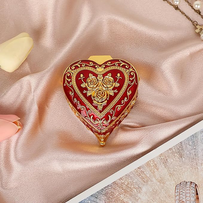 Hipiwe Heart Shape Jewelry Box Classic Metal Trinket Organizer Ring Storage Box with Rose Pattern Jewelry Storage Box for Ring Earrings Necklace, Gift for Women, Red - Image 2