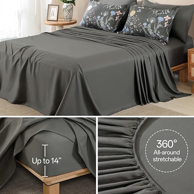 Yiran 7 Piece Grey Floral Comforter Set King Size, Botanical Flowers Bed in a Bag King, Soft Microfiber Complete Bedding Set with Sheets for All Season