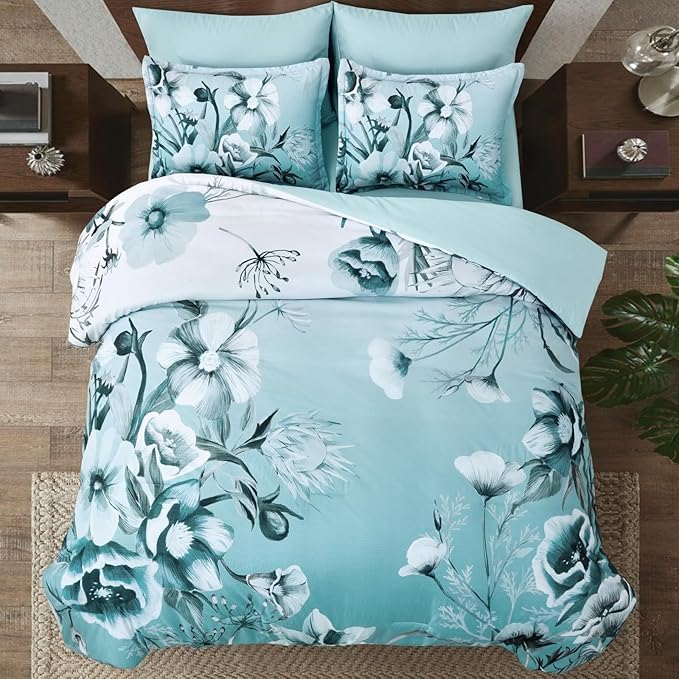 Luxudecor Floral Comforter Set Full Size 7 Piece, Aqua Flower Bed in a Bag, Elegant Gradient Floral Comforter with Sheet Set, Soft Seersucker Microfiber Bedding Set for All Season (Aqua, 80"x90")