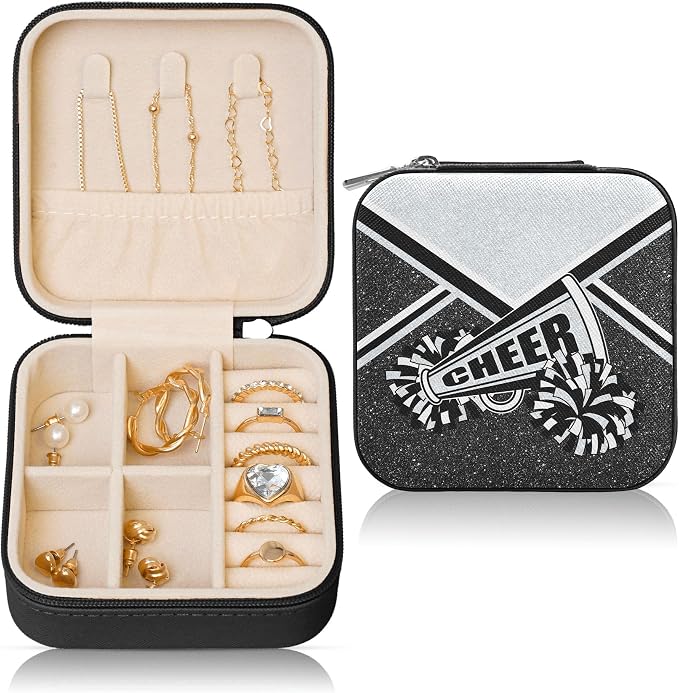 Cheerleader Jewelry Case, Mini Travel Box for Women, Cheer Team Gifts for Girls (Silver) by Corxiren