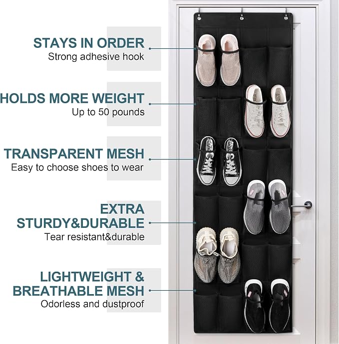24 Large Pockets Upgraded Over the Door Shoe Organizer, Enhanced Hanging Solution Holder Closets, Shoe Cabinets for Everyone - Image 5