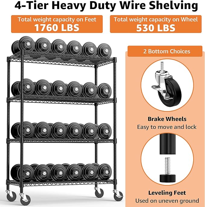 M MZG 53" W Storage Shelves 1760LBS 4 Tier Metal Shelving Unit with Wheels Heavy Duty Garage Shelving Adjustable Wire Shelves for Pantry,Kitchen,Garage,Basement,Black 23.6" D x 53.2" W x 73.6" H - Image 5