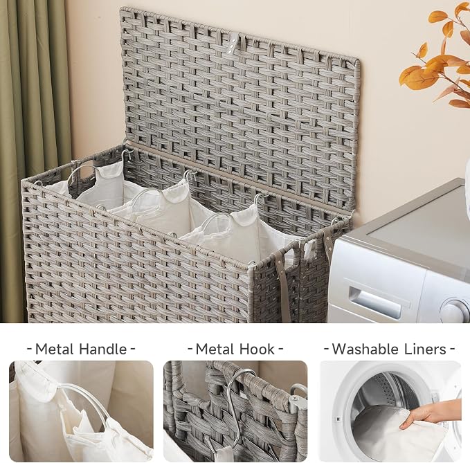 Laundry Hamper with Wheels, 52.8 Gallon(200L) Rolling Laundry Basket with Lid, 3-Section Rattan Clothes Hamper with 3 Removable Liner & 3 Mesh Bags, Laundry Sorter with Side Pocket, Grey - Image 5