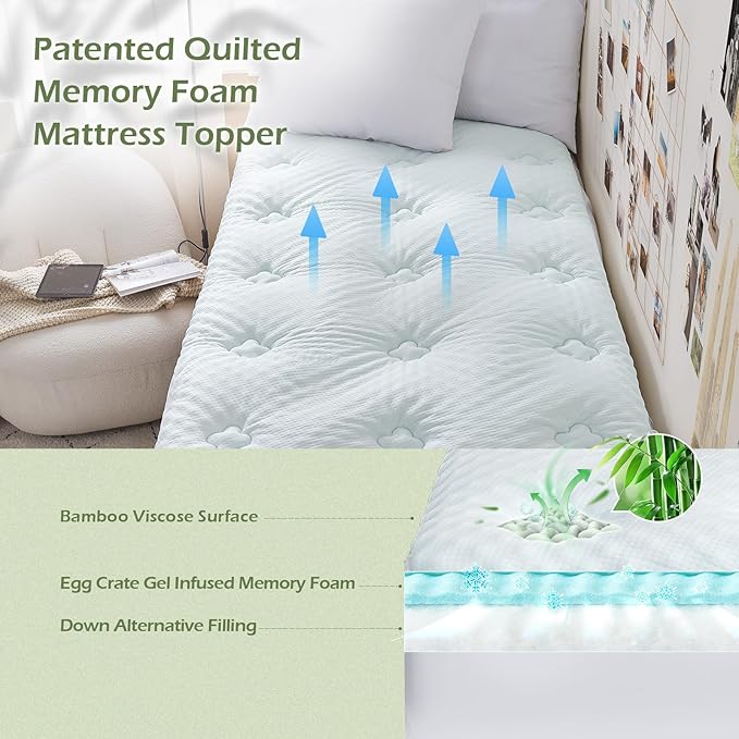 Hansleep Twin XL Mattress Pad Topper College Dorm Memory Foam, Twin XL Foam Mattress Topper Viscose Derived from Bamboo, Twin XL Size Bed Mattress Pad Cover for Back Pain Relief, 39" x 80", White