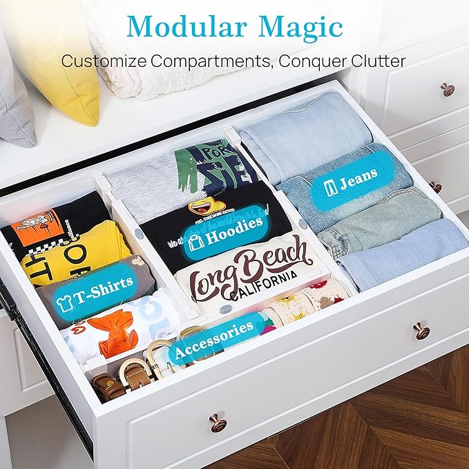 Vtopmart 12 Pack Drawer Dividers for Clothes, 4" High 11.3"-17" Adjustable Expandable Dresser Drawer Organizer, Plastic Drawers Separator for Dresser, Baby Clothes, Underwear, Kitchen & Office Storage - Image 3