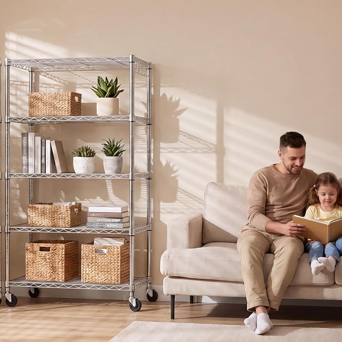PrimeZone 75" H Wire Shelving 5 Tier Slim Steel Storage Metal Shelves with Wheels,Adjustable Kitchen Utility Shelving Unit,Pantry Rack Rolling Metal Shelf Chrome 24" Wx18 Dx75 H - Image 9