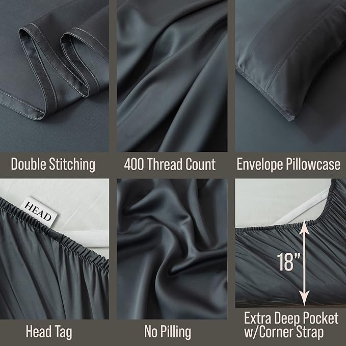BELLA COTERIE 6 Piece Luxury Bamboo Viscose California King Size Sheet Set | 100% Organically Grown | Cooling for Hot Sleepers | 18" Deep Pocket | Soft & Hypoallergenic | 4 Pillowcases [Charcoal Grey]