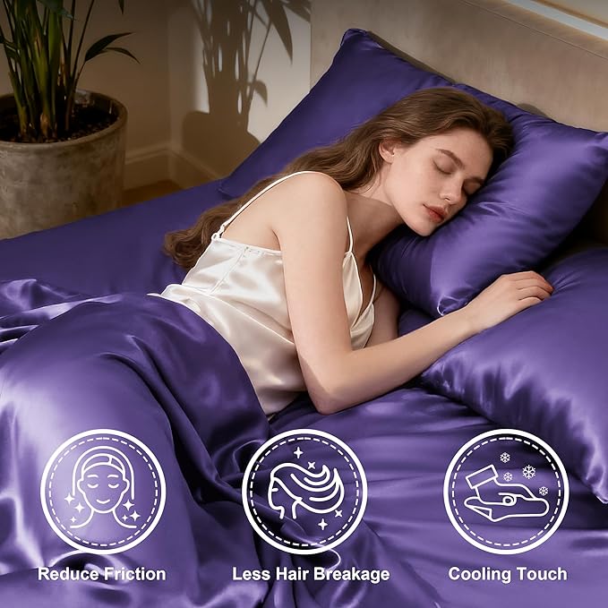 Love's cabin Full Size Satin Sheet Sets - 4 Piece Purple Silky Sheet Set Full with Deep Pocket, Luxury Silk Feel Bed Sheets Full Bedding Set (1 Flat Sheet,1 Fitted Sheet,2 Pillow Cases)