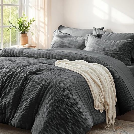 Zzlpp Queen Comforter Set 7 pieces, Dark Grey Seersucker Bed in a Bag with Comforter and Sheets, All Season Bedding Sets with 1 Comforter, 2 Pillow Shams, 2 Pillowcases, 1 Flat Sheet, 1 Fitted Sheet