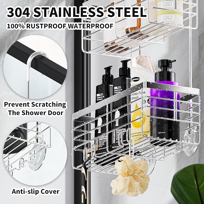 SHANSHUI Shower Hanging Caddy, Double Bathroom Showers Organizer Basket, Shampoo Bracket, Over Door Shower Rack with Hooks, 304 Stainless Steel Rustproof - Image 4
