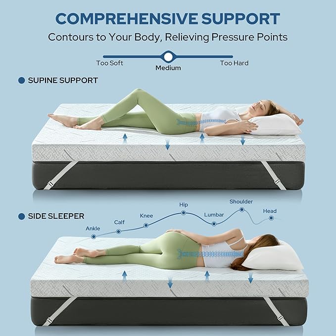 BEDLORE Queen Mattress Topper, 3 Inch Gel Memory Foam Mattress Pad with Straps for Back Pain Relief, Medium-Firm Bed Topper, Breathable & Non-Slip with Removable Washable Cover