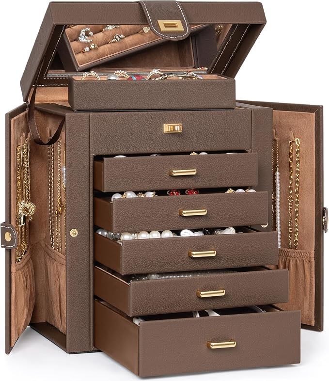 AKOZLIN 6-Tier Jewelry Box Organizer Functional 5 Drawers Leather Jewelry Storage Case for Women Girls Ring Necklace Earring Bracelet Holder Organizer with Mirror Brown - Image 7