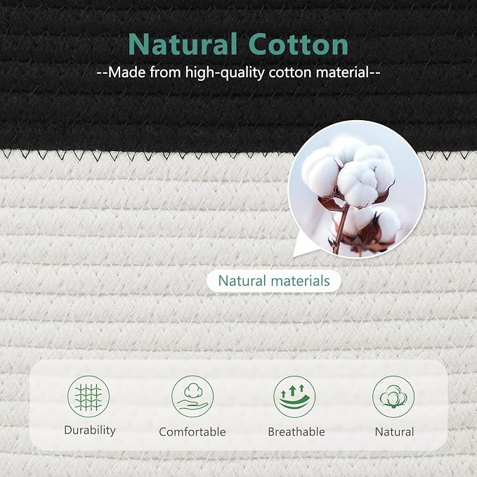 ECDYQXVU Cotton Rope Storage Basket, 15x10x9 Inches, Woven Basket for Shelves, Clothes, Towels, Books, and Laundry, Black/ White (1 Pack) - Image 2