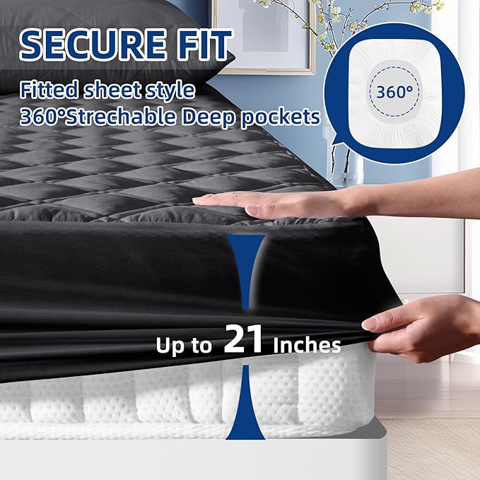 Waterproof Mattress Protector Full Size, All-fit-One Soft Noiseless Bed Mattress Cover with Deep Pocket 8-21", Washable for Bedwetting, Cool Sleep，Suitable for Home Bedroom Hotel, Black