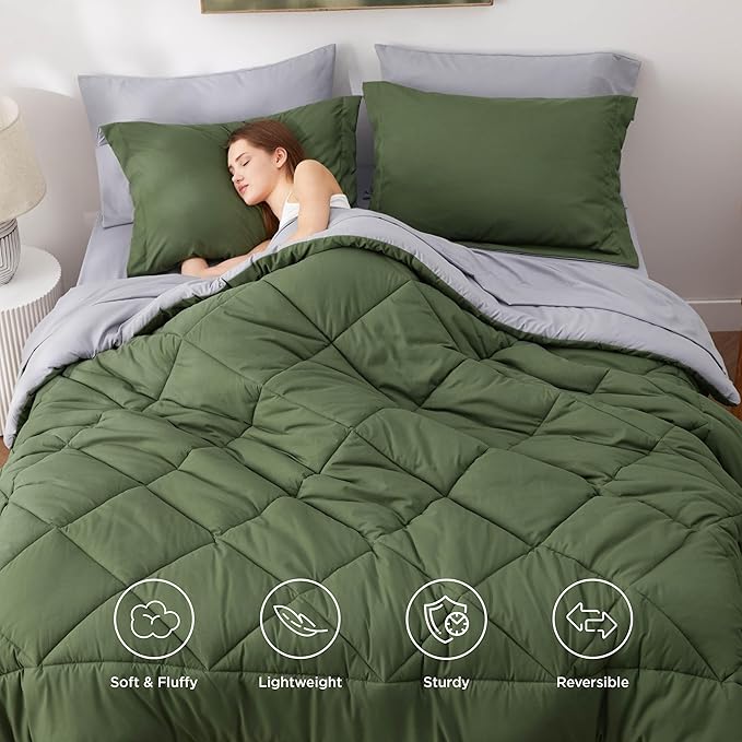 Bedsure King Size Comforter Set - 7 Pieces Reversible Olive Green Bedding, King Size Bed Set for All Seasons, Bed in a Bag with Down Alternative Comforter, Sheets, Pillowcases & Shams
