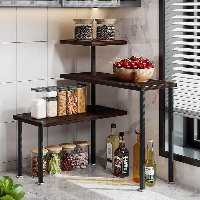 Countertop Organizer Organization 3 Tier Kitchen Corner Shelves Adjustable Spice Storage Rack for Bathroom Coffee Area Over Sink (Black Oak) by Dazioter