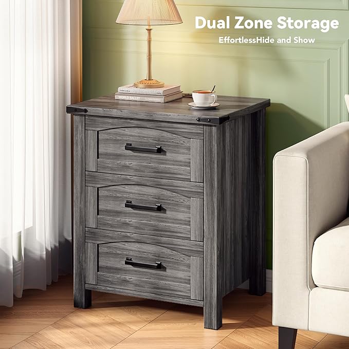 Decofy Farmhouse Nightstand with Charging Station, 18'' Wide Rustic End Table with USB/Type-C Ports, 3 Drawers, Wood Bedside Table for Bedroom, Grey Oak
