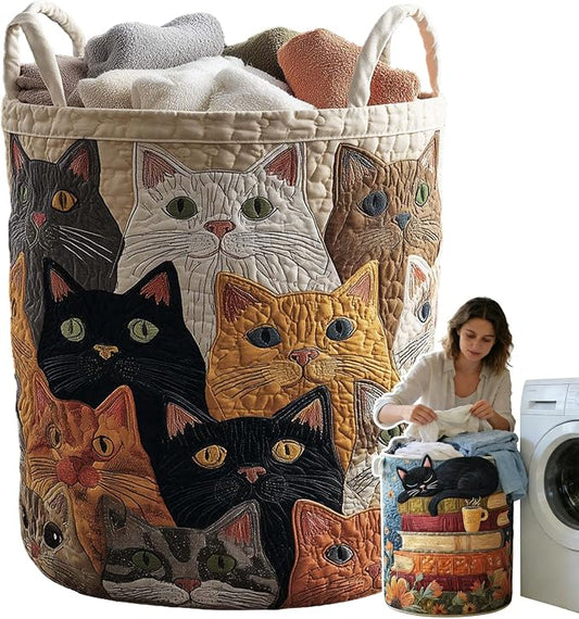 Cat Quilted Laundry Basket - 18"/22"/28", 2026 Large Quilted Cat Laundry Basket with Handles, Cozy Cat Fabric Storage Hamper for Nursery, Bedroom, Laundry Room, Clothes & Toys (5, M 16"X22") by Unknown