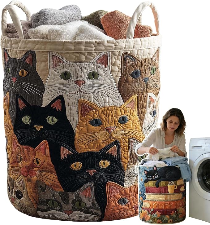 Cat Quilted Laundry Basket - 18"/22"/28", 2026 Large Quilted Cat Laundry Basket with Handles, Cozy Cat Fabric Storage Hamper for Nursery, Bedroom, Laundry Room, Clothes & Toys (5, L 20"X28”) by Unknown