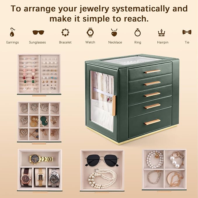 Homeanda Jewelry Box for Women with Glass Lid, 5 Drawers Jewelry Organizer and Storage for Necklaces, Rings, Earrings, Bracelets, Gift for Girls and Teens,PU Leather (Green) - Image 5