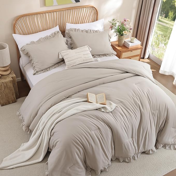 JANZAA Full Size Comforter Ruffled Oatmeal Soft Vintage Farmhouse Bed Comforter Set Shabby Fluffy 3PCS Bedding (1 Comforter Set and 2 Pillowcases)