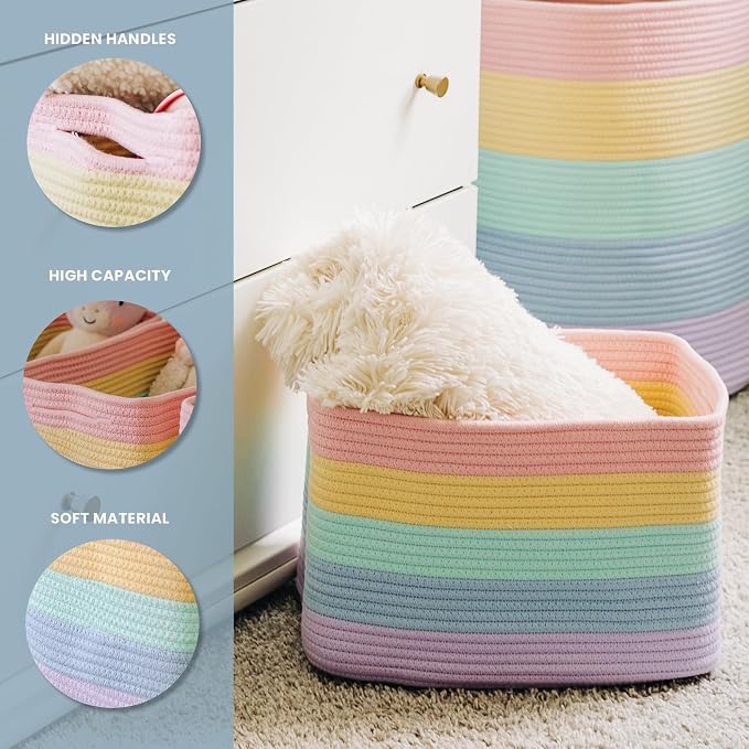 OrganiHaus Pastel Rainbow Basket - Colorful Woven Storage Basket for Playroom, Nursery & Classroom Decor & Toy Storage, 15x9x10 - Image 3