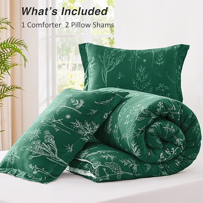 Love's cabin Emerald Comforter Set Queen - Queen Size Comforter Set, 3 Pieces Cute Floral Bedding Sets for All Seasons,1 Soft Reversible Botanical Flowers Comforter and 2 Pillow Shams