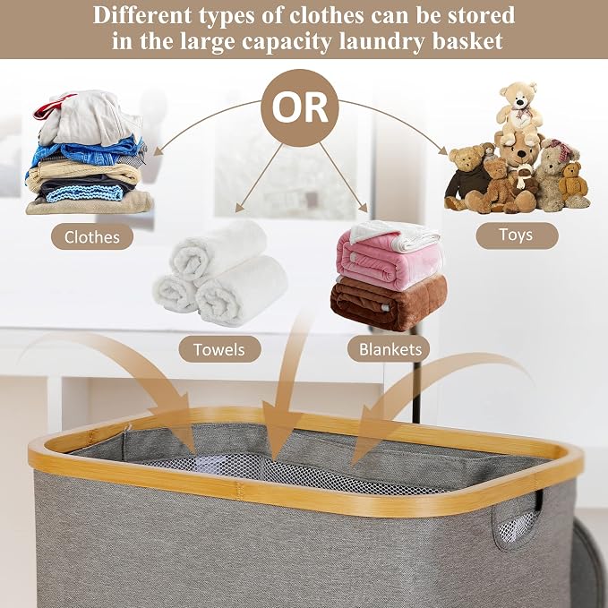 iEGrow Laundry Hamper with Lid, 110L Large Laundry Hamper with Handle and Lid, Collapsible Clothes Basket Organizer with Removable Inner Bag for Clothes Toys Towels - Grey - Image 4