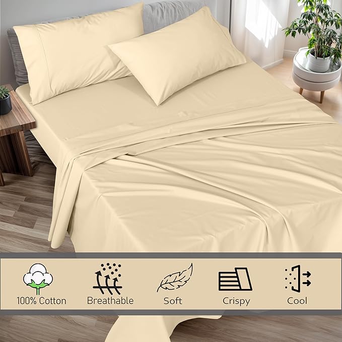 RUVANTI 100% Cotton Sheets – Twin XL Size Percale Bedding, Cooling & Breathable, Durable with a Crisp, Soft & Comfortable Feel, 16" Deep Pocket, 3-Piece Set, Beige