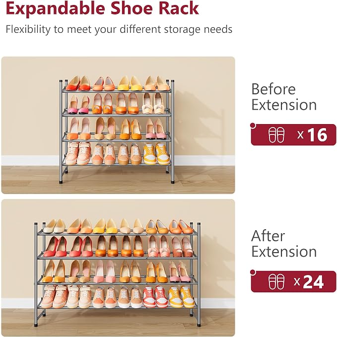 Tajsoon Expandable Shoe Rack for Closet 4 Tier, 29“-41“Adjustable & Stackable Shoe Shelf Storage, Metal Shoe Rack Organizer for Front Door Entrance, Closet, Garage, Entryway, Grey - Image 7