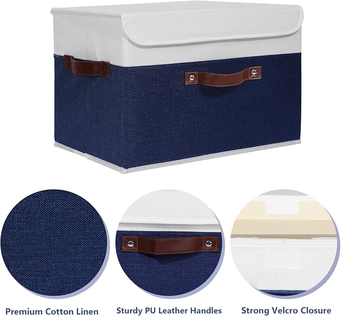 ANMINY Storage Boxes with Lids Washable Decorative Storage Bins Basket with PU Leather Handle Foldable Linen Fabric Storage Cubes Containers for Home Closet Organizer - Deep Blue White, Large Size - Image 2
