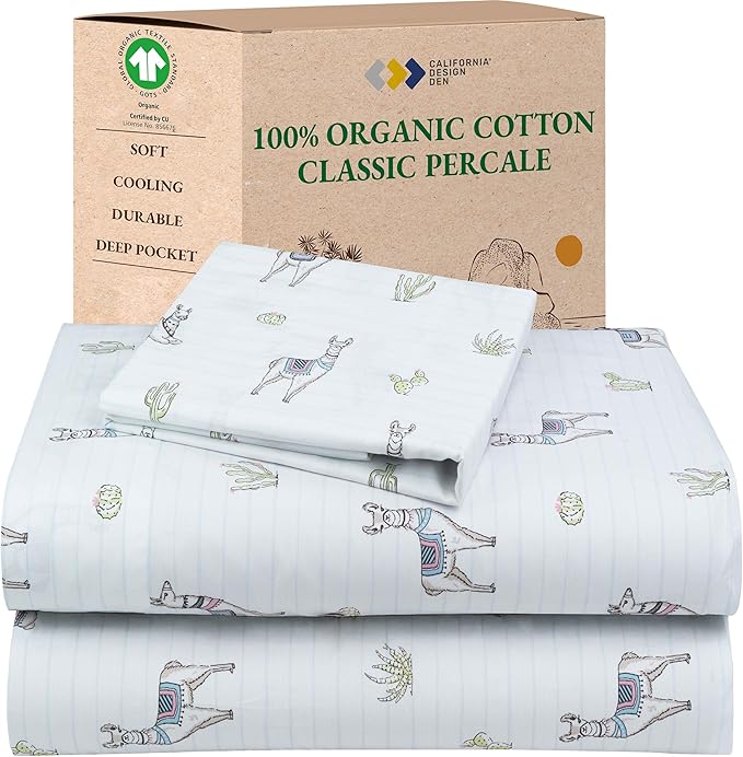 California Design Den Printed Twin Extra Long Sheet Set, 100% Organic Cotton Percale Sheets, Deep Pocket Twin XL Sheets & Pillowcase Set - Llama