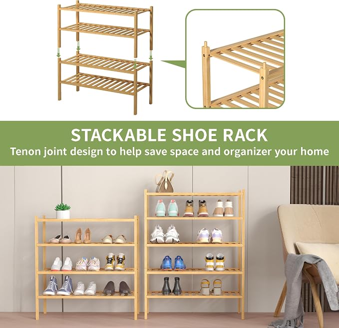 ROMGUAR CRAFT 4 Tier Bamboo Shoe Rack for Closet Free Standing Wood Shoe Shelf for Entryway Small Space Stackable 27"x11"x26" (Natural) - Image 5